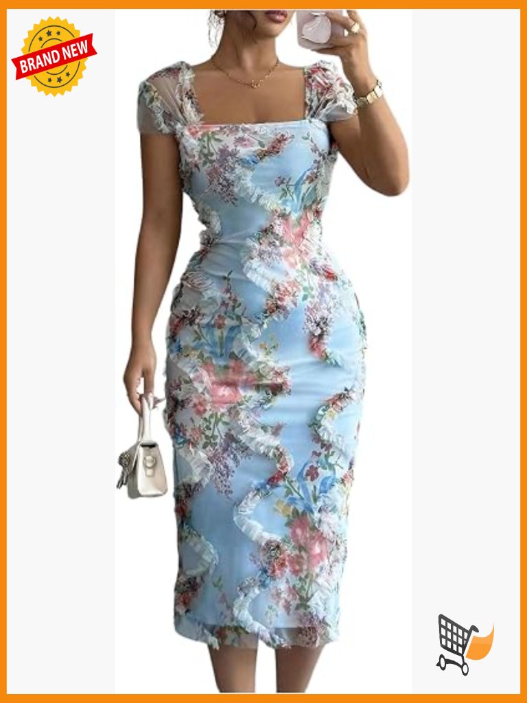 Women's Floral Ruffle Cap Sleeve Square Neck Bodycon Midi Dress